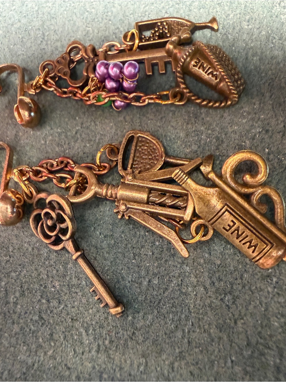 Non-Pierced Charm Dangle Earrings with Keys & Wine Motifs - Picture 2 of 2